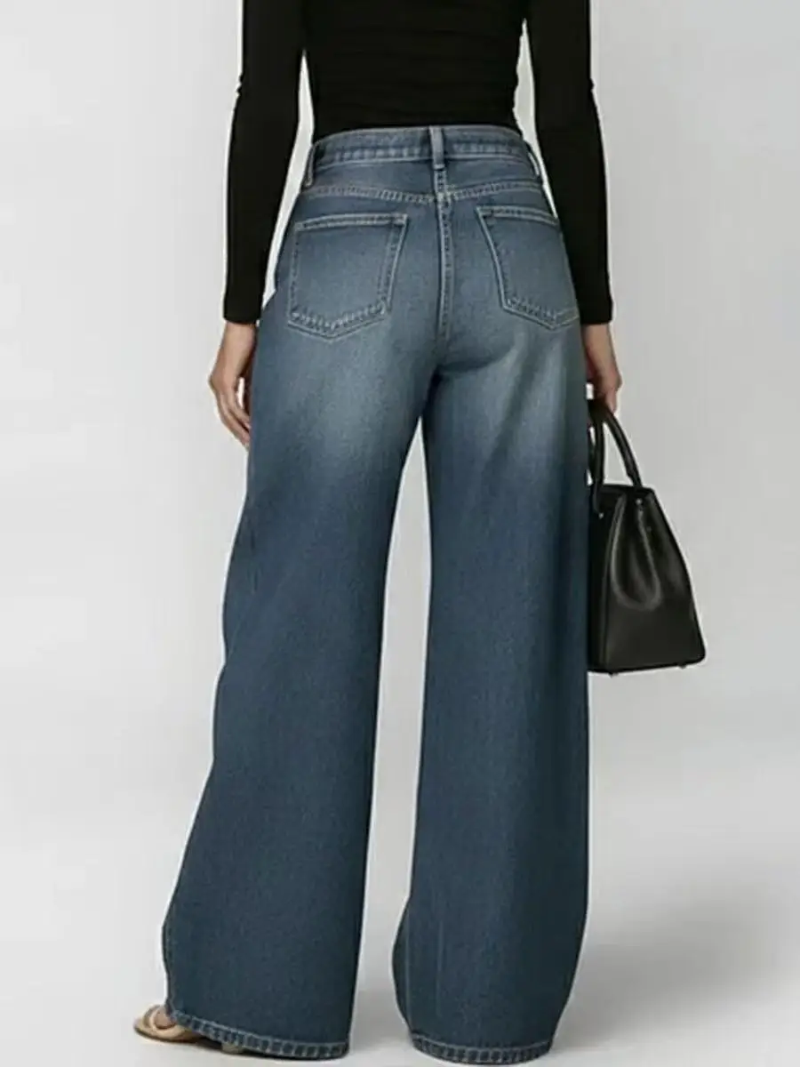 High Waist Wide Leg Jeans Eyelet Side Decor Loose Denim Pants 2026 Spring Summer Casual Streetwear Brunch Vacation Women Trouser