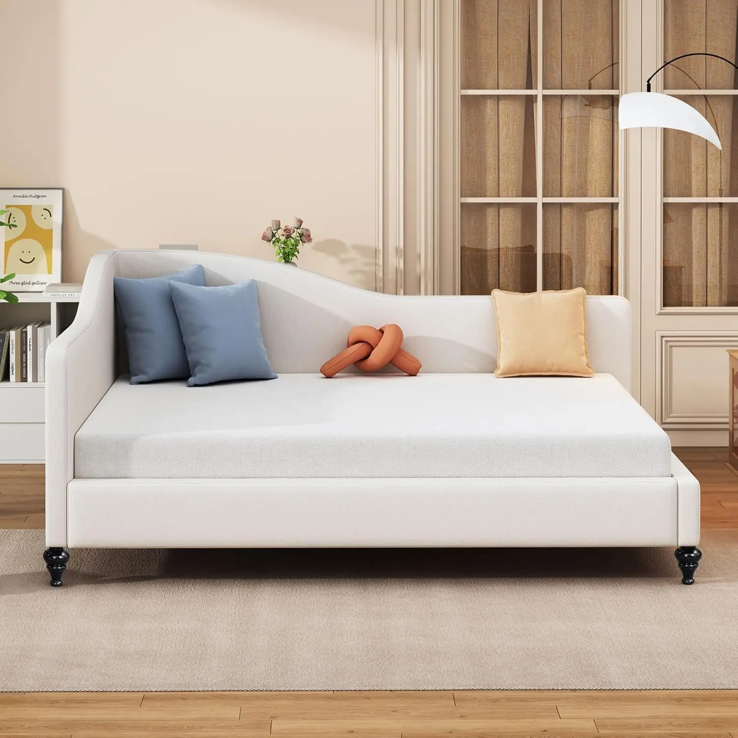Full Size Daybed Frame With Wooden Legs, Upholstered Linen L-Shaped Corner Day Bed/Sleeper Sofa Bed Couch, No Box Spring Needed