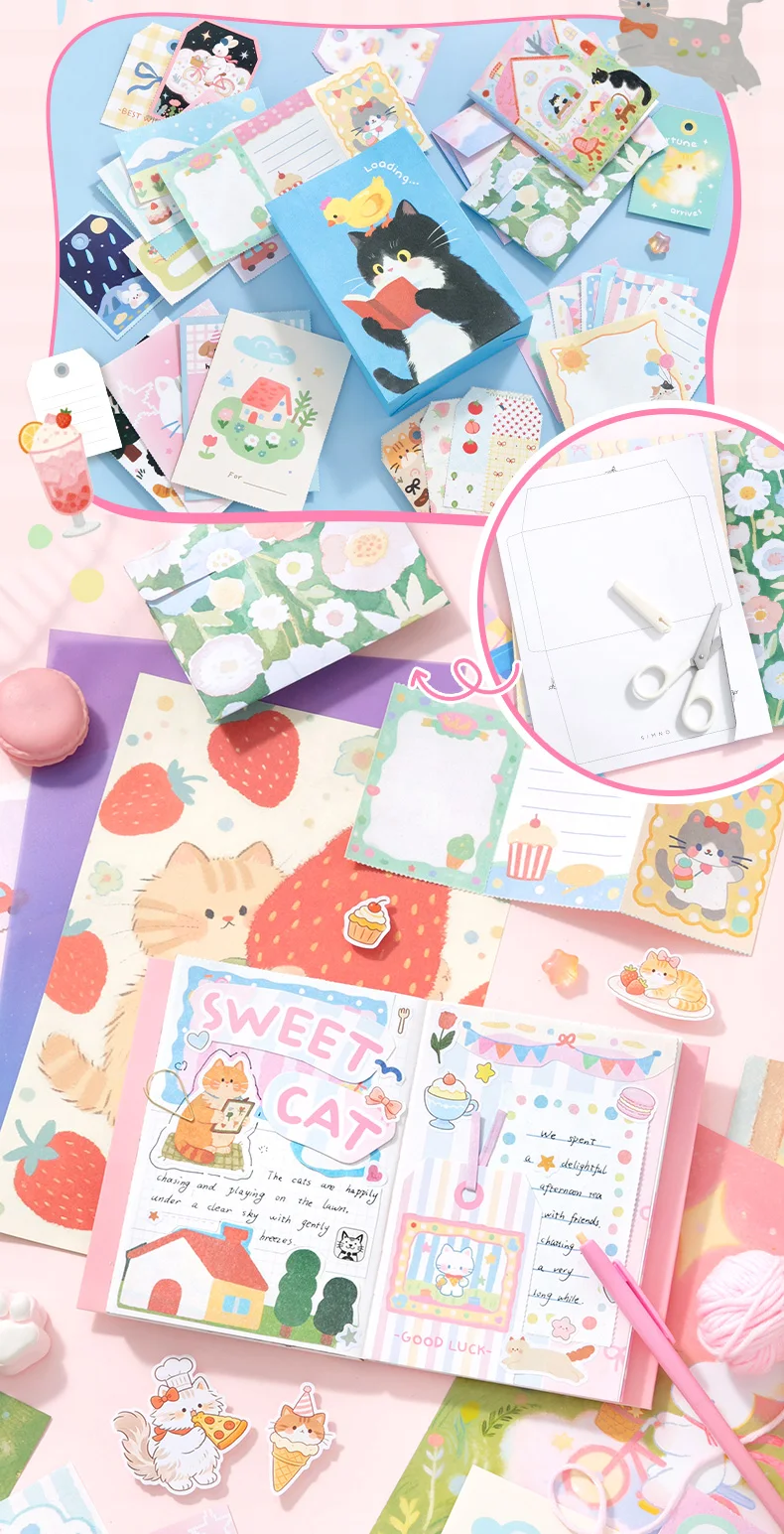 Journal GO 29 Seiten Vesper Materialbuch, dekoratives Papierblock mit mehreren Mustern, Blumenstreifen und niedlichen Kätzchen, schönes Papier für Tagebücher. – Detail 6