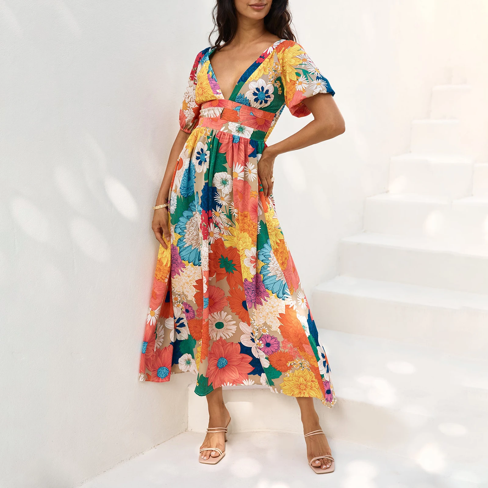 Hirigin-Vestido largo con estampado Floral para mujer, maxivestido con cintura ajustada, cuello en V, manga corta, holgado, para fiesta y Club de verano