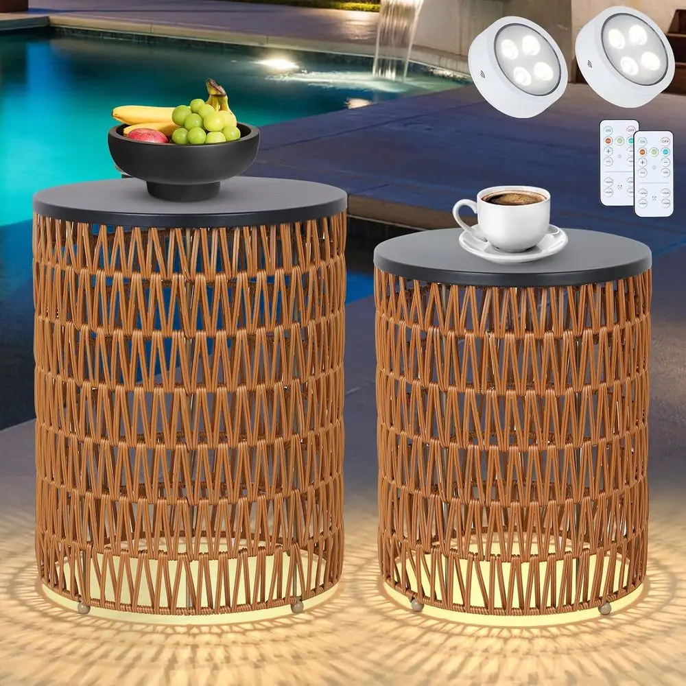 2-Pack Outdoor Patio Side Tables with Dimmable Light and Remote Control, Small Round Plastic Rattan Desks for Balcony, Poolside,