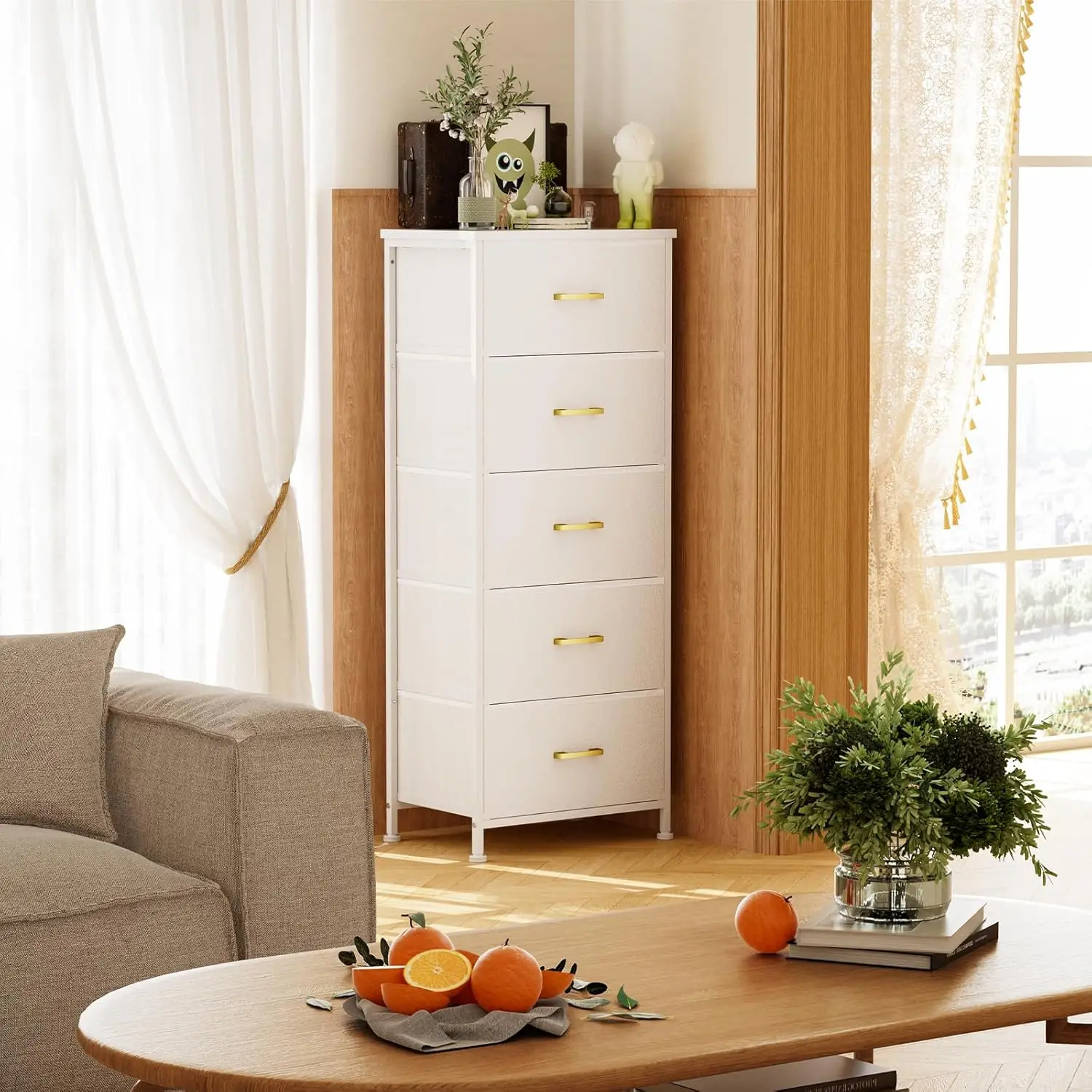 White Tall Dresser for Bedroom with 5 Drawers for Closet, Chest of Drawers with Metal Handle, Leather Front, Wood Top, Dresser