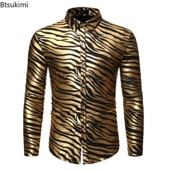 Camisa de discoteca con estampado de cebra dorada metálica para hombre, camisas de vestir ajustadas de manga larga para fiesta, graduación y escenario, novedad de 2024