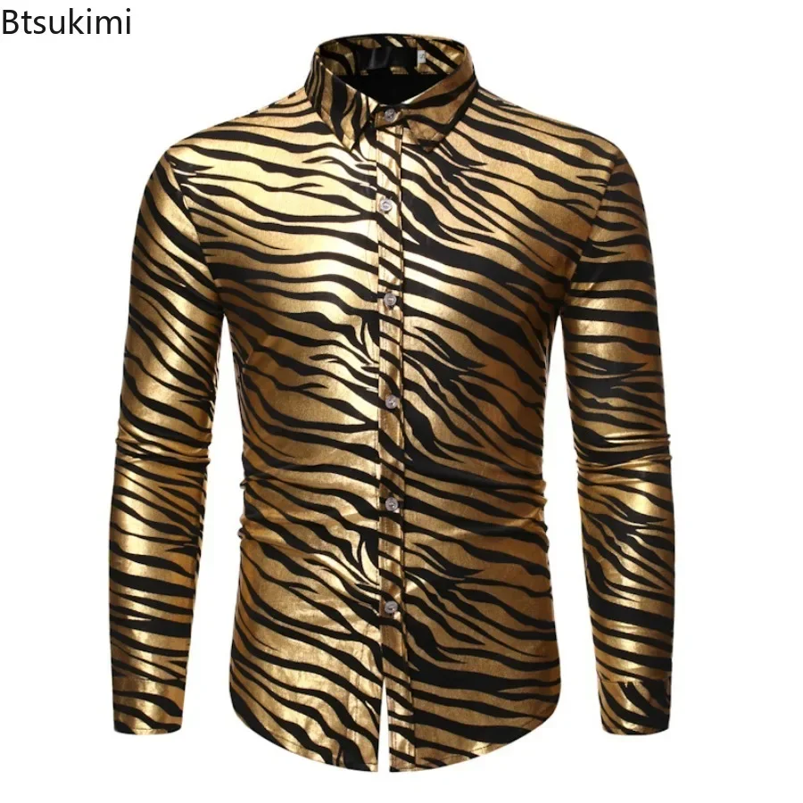 New 2024 Men's Metallic Gold Zebra Print Disco Shirt with Long Sleeve Slim Fit Men Dress Shirts Party Prom Stage Chemise Shirts