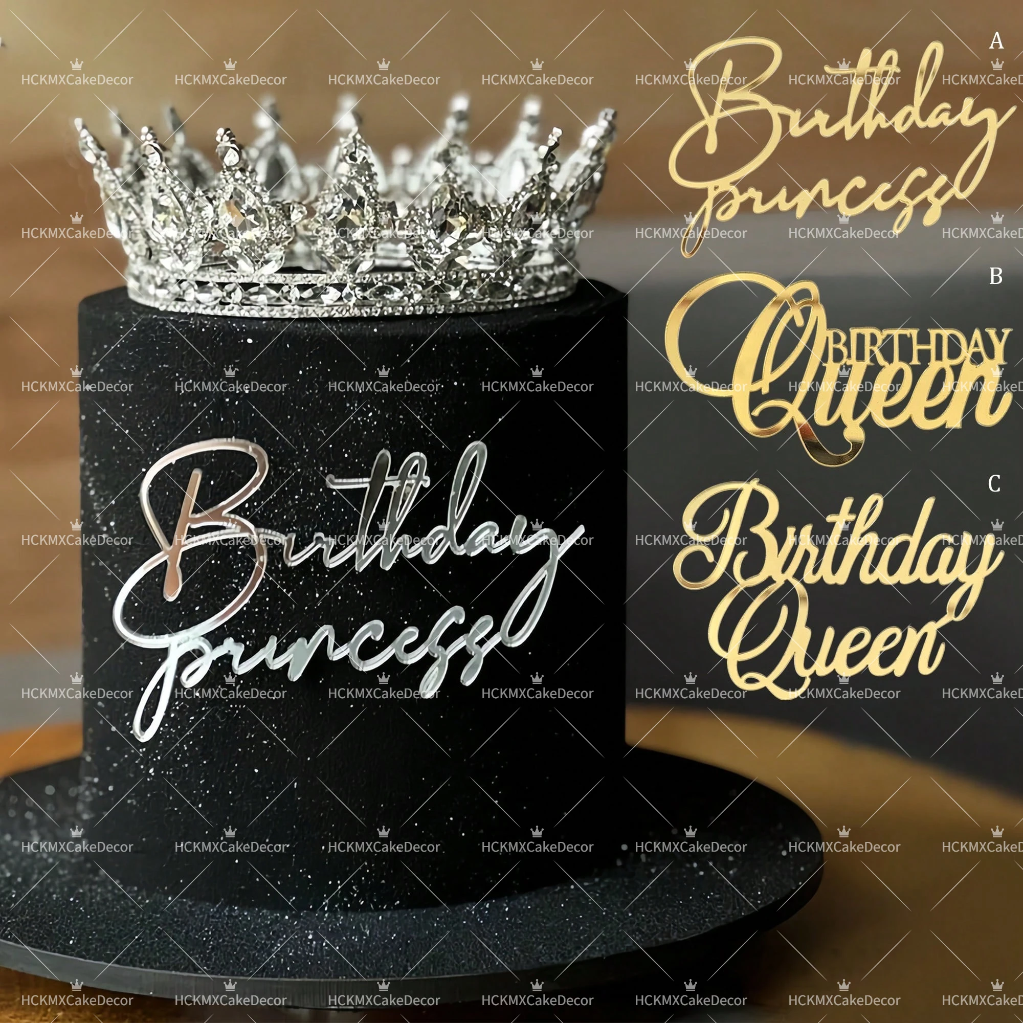 3pcs Birthday Princess Queen Acrylic Cake Topper Gold Silver Mirror Cake Insert Happy Birthday Cake Decoration for Women