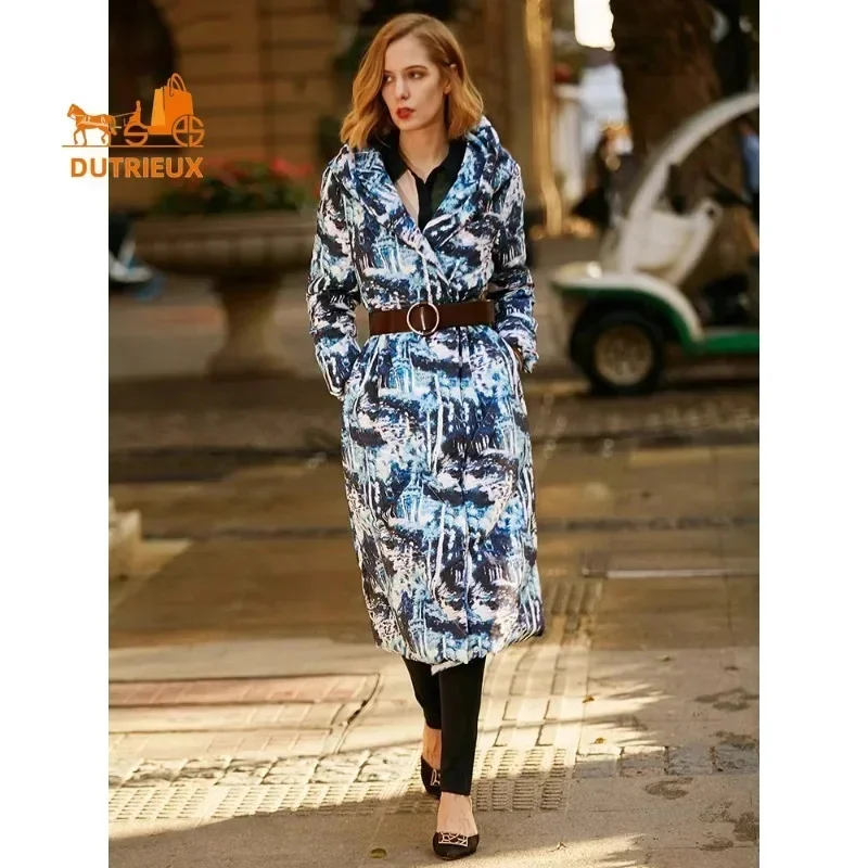 New Winter Cotton Jacket for Women, High-end Pattern Down 90% White Duck High Plush Warm Waist Long Hooded