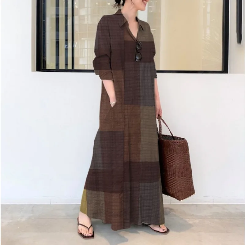 New Patchwork Summer Dress Plus Size 3XL 4XL Cotton Linen Pocket Maxi Dress Women Polo Streetwear Blouse Loose Long Dresses