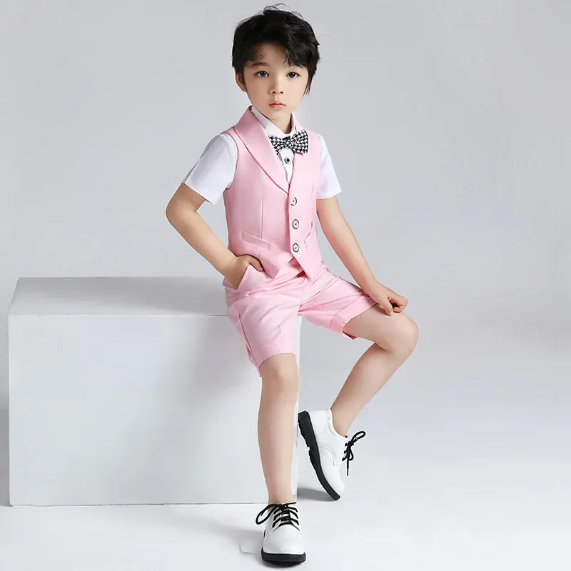 

Summer Boys Solid Color Waistcoat Shirt Shorts Formal Dress Kids Vest Wedding Clothes Sets Child Uniforms Toddler Tuxedo Costume