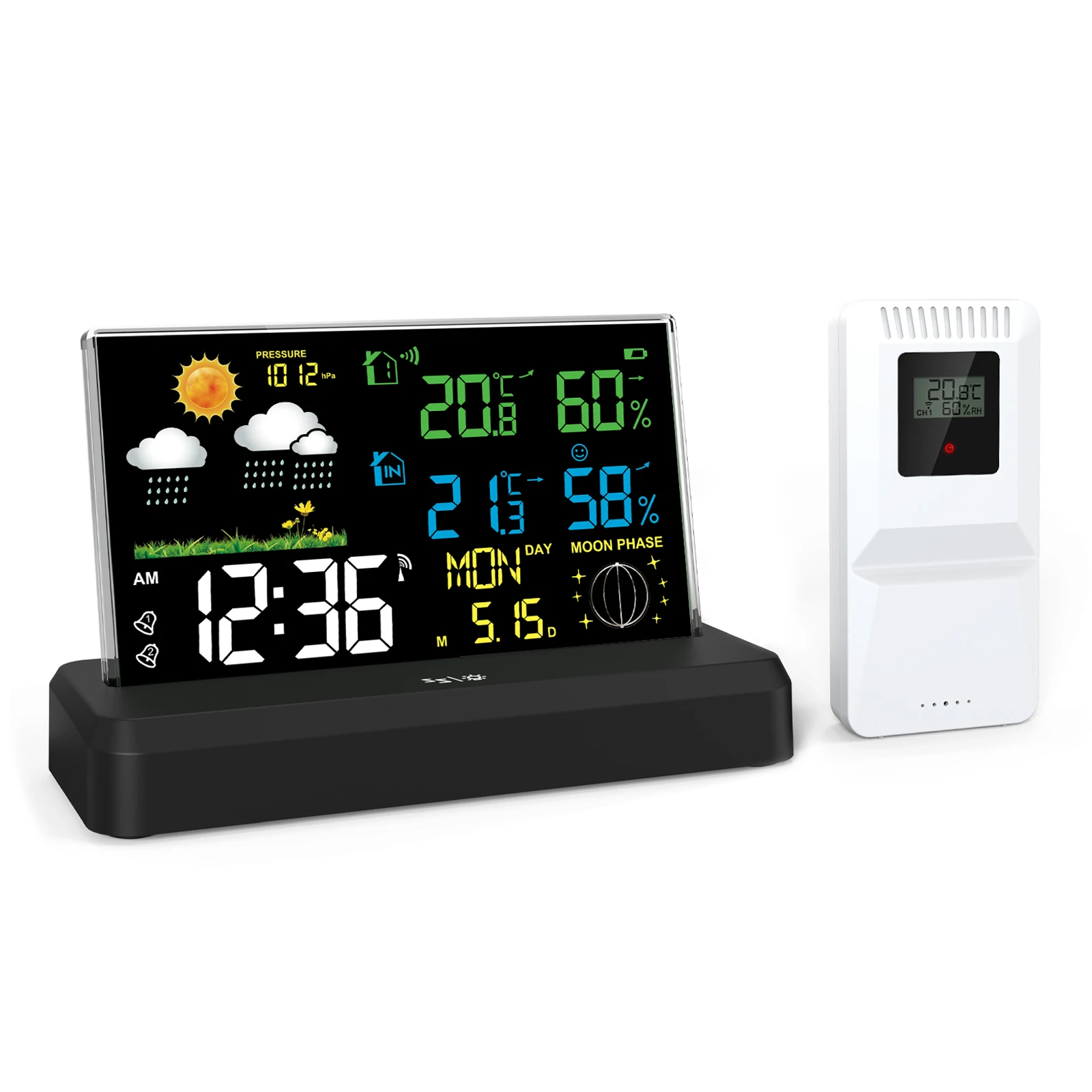 Wireless Weather Station RCC Alarm Clock VA Color Screen In/Outdoor Thermometer Hygrometer Atmos Moon Phase Weather Forecast