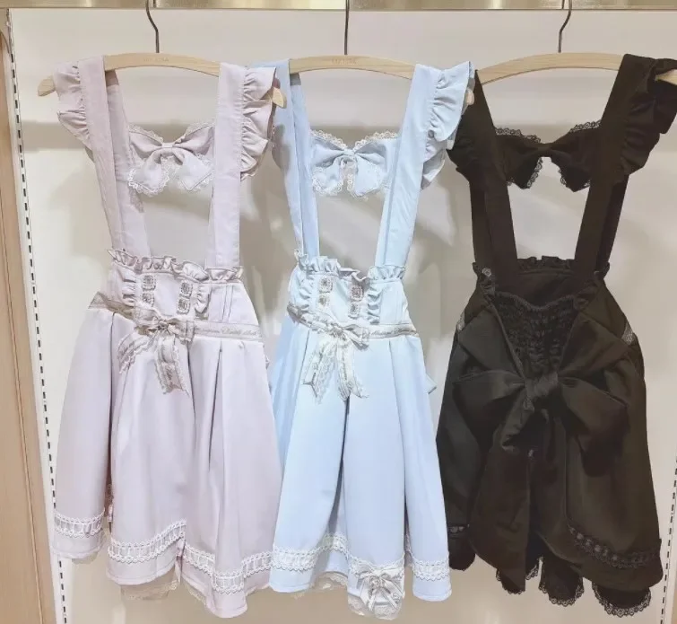 Japanese Mine Mass-Produced Lace High Waist Skirt Bow Ruffled Cross Strap Cute Sweet Skirts Fashion Lolita girls Suspender Skirt