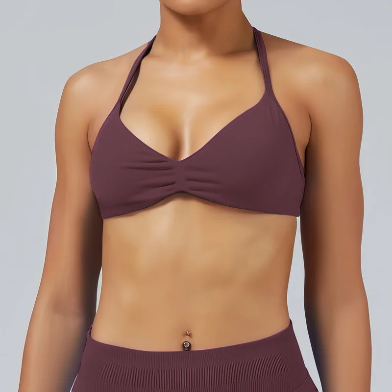 HISTELLO Df Solid Color Impact Strappy Bra Women Seamless Yoga Underwear Fitness Workout Halter Top Running Gym Sports Bra image 2