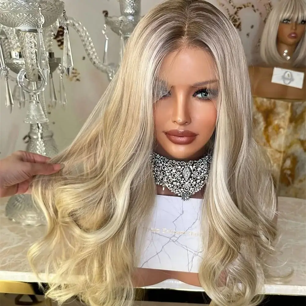 

Парик блондинки Ashy Roots Синтетический парик фронта шнурка Бесклеевой HD парик шнурка Длинные волнистые синтетические волосы для женщин Платиновый блондин Wear&Go