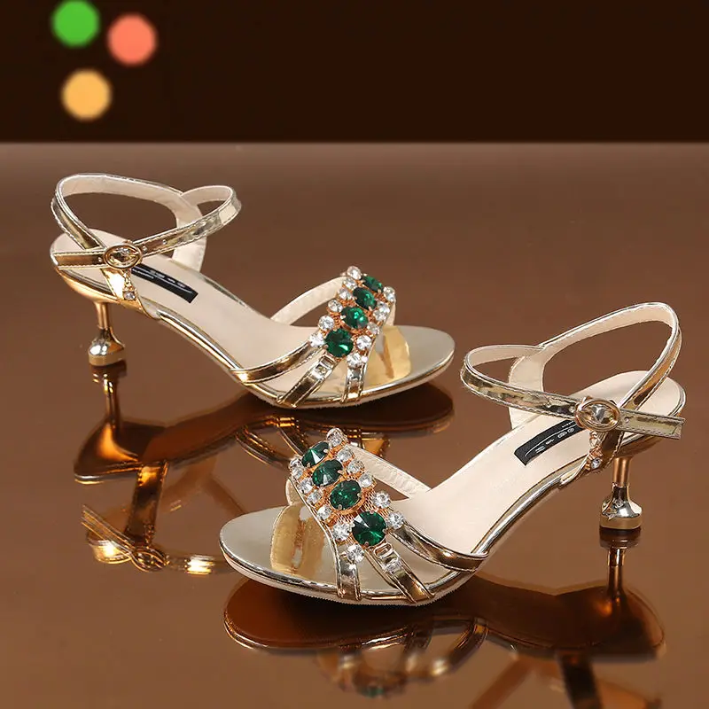 Rhinestones Elegant Medium Heel Women\'s Shoes 2022 Sexy Female Dress Summer Sandals Luxury for Ladies Wedge Shoes black gold