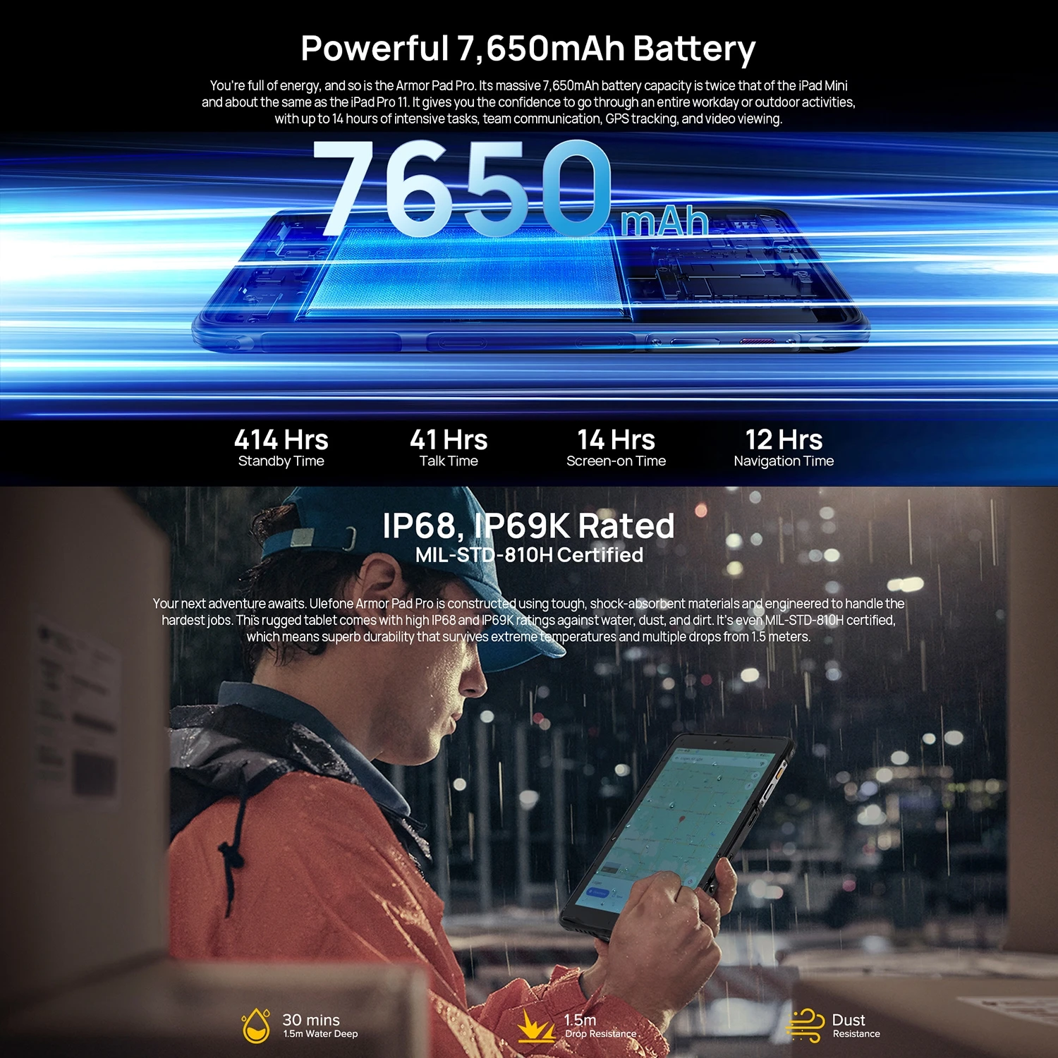 Ulefone Armor Pad Pro Robuster Tablet-PC 8 GB + 128 GB IP68/IP69K 8'' Android 13 MT8788 48 MP 7650 mAh 4G Tablet-PC