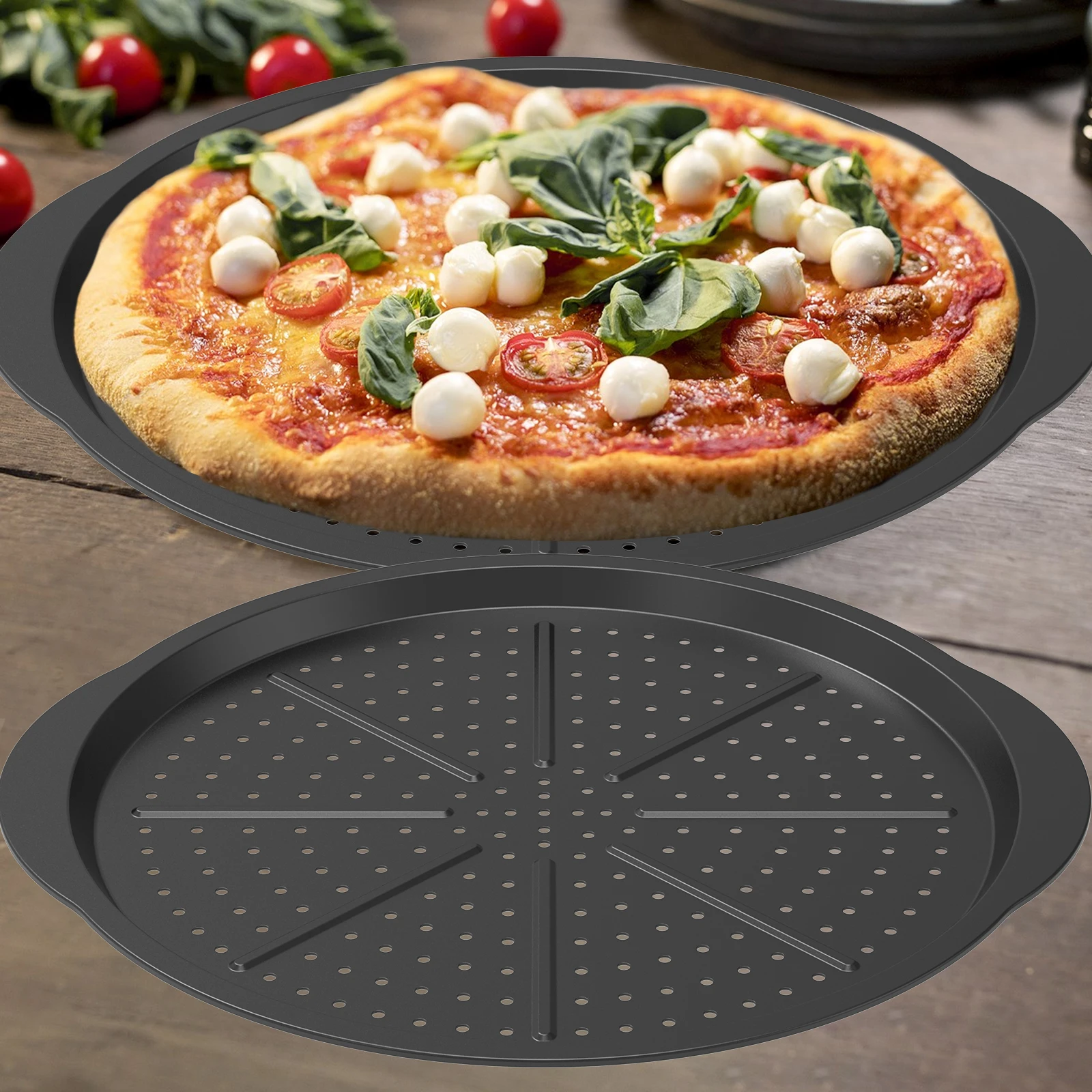 

3Pcs Carbon Steel Perforated Pizza Pan Non Stick Ro UndOven Tray Cooking Plate Dishes Holder Baking Tool Round Deep Dish Plate