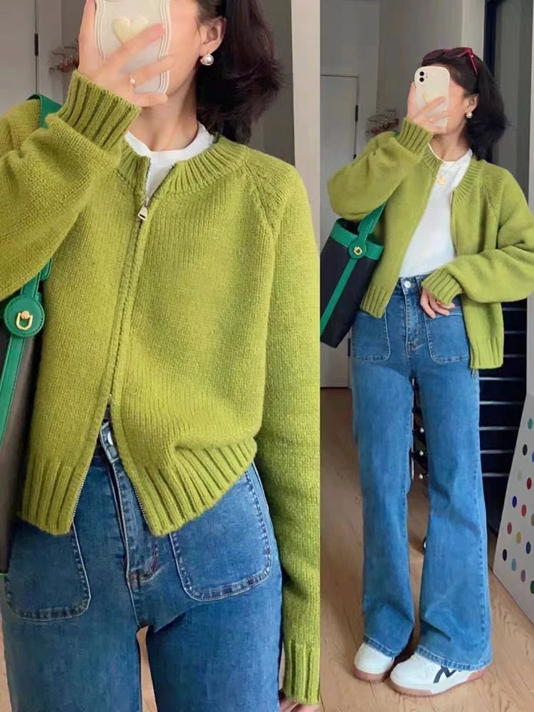 Korean style double zippered avocado green knitted cardigan for slimming and versatile short sweater, women's temperament jacket