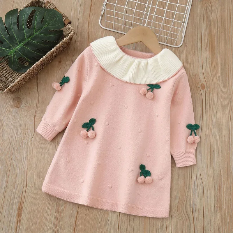 Women's girls sweater skirt2024autumn and winter New handmade flowers woven dress baby girl sweet western style