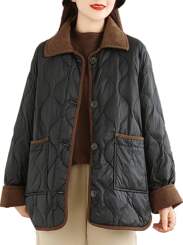 جايت قطني خفيف الوزن مع ألوان متباينة بنمط ألماس وياقة مقلوبة كاجوال للنساء في الشتاء... #3