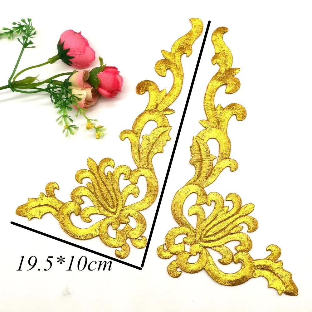 1 Pair Gold Embroidered Patches Iron On Flower Appliques For Garment Diy Trims Shiny Metallic Golden Accessories 19.5cm*10cm