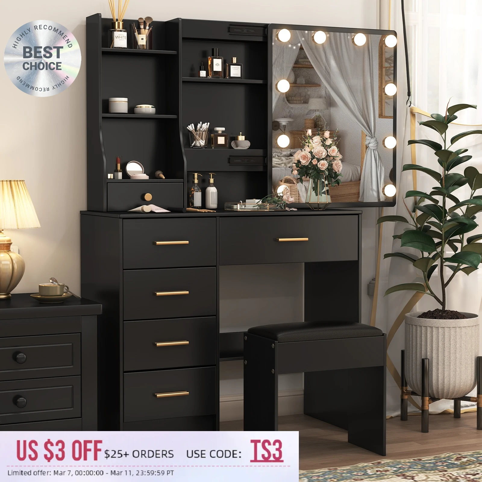 Vanity Desk & Krukset Kaptafel met glijspiegel en 10-LED-spiegel NIEUW
