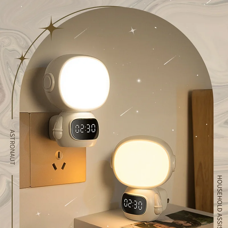 Moderno Simples LED Night Light, In-Line Astronauta Luz, Plug-in Dormir com Patch Lamp, Stepless Escurecimento, Rotação, Gire o Relógio