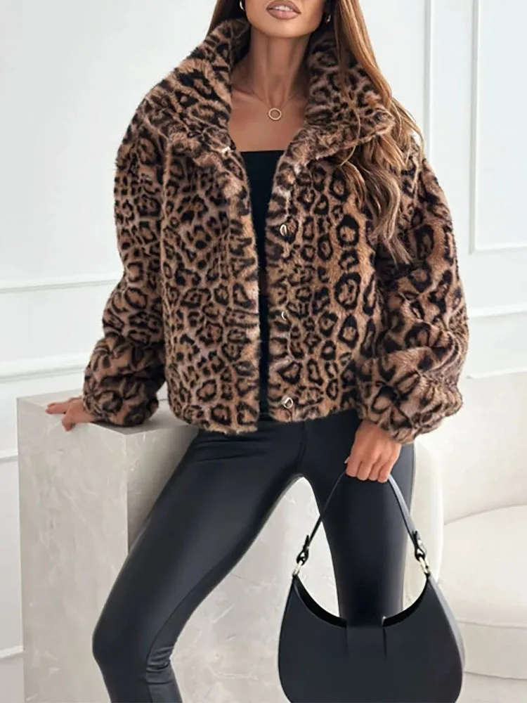 Podzimní elegantní chlupatý klopový měkký krátký svrchní kabát zimní ležérní volné bundy s dlouhým rukávem 2025 módní dámské kabáty s leopardím potiskem - náhled 6