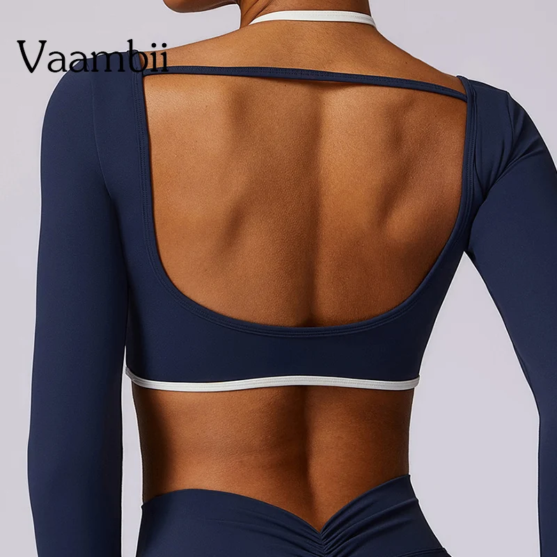 Open Back T-Shirts Solid Sports Top Sexy Exposed Navel Quick Dry Long Sleeve Running Shirts Yoga Clothing Fitness Gym Sport Wear