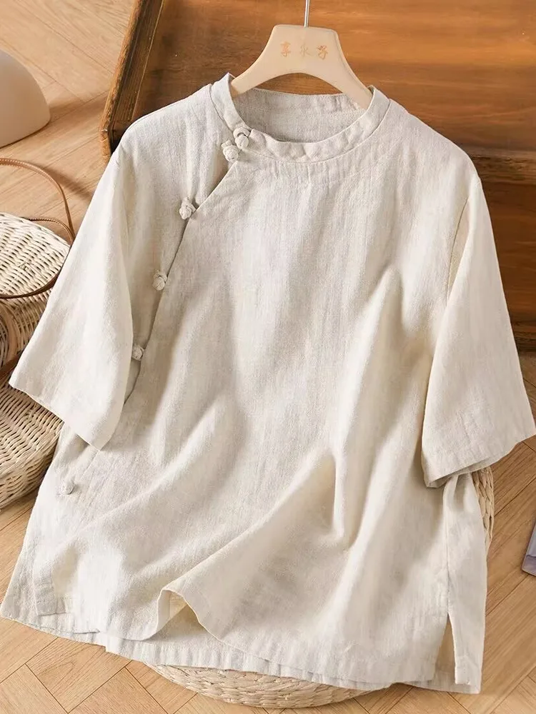 

High-End Women's Artistic Retro Linen Shirt Short Sleeve Asymmetrical Button-Up Summer 2025 Loose Fit round Neckline