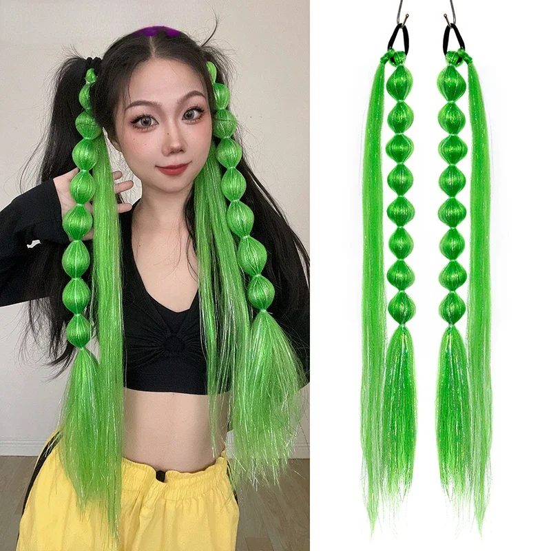 

2PCS Long Green Braided Ponytail False Tail For Women Synthetic Hair Extension Handmade Box Braid Drawstring Clip in Hairpieces