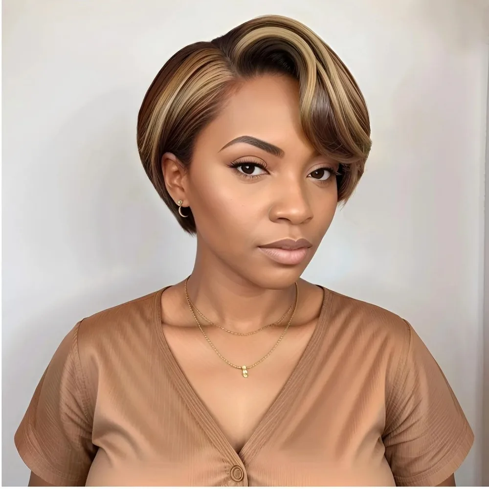 

Pixie Cut Wig 13x1 Transparent Lace Human Hair Wigs Natural Color 4/27 For Women Short Bob Wig T Part Lace Wig