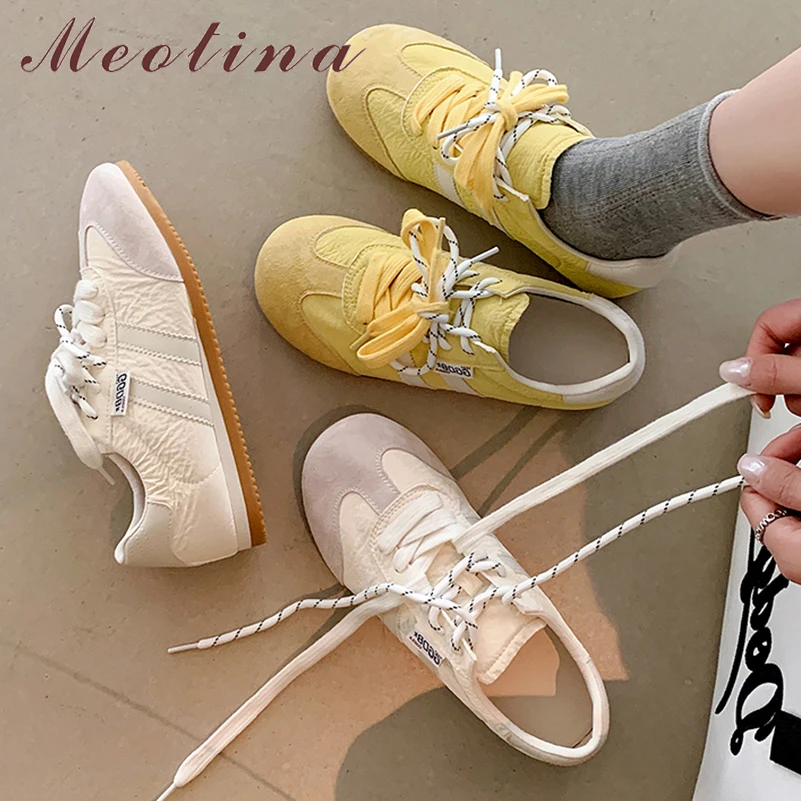 

Meotina/женские кроссовки из натуральной кожи с круглым носком на плоской подошве, повседневная обувь на шнуровке, женская модная обувь, весна-осень, бежевый, желтый 40,