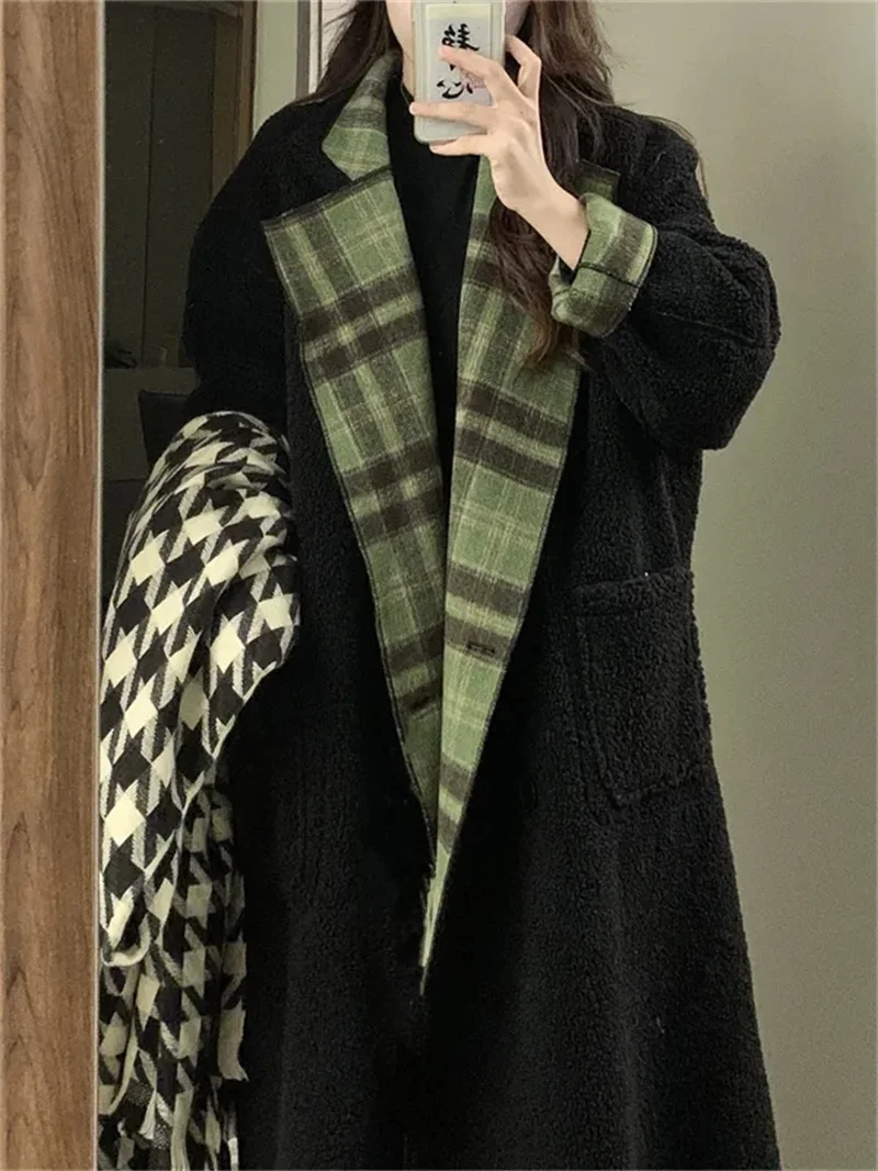 Retro Loose  Simple Slim Plaid Medium Long Coat Women's Winter 2023 New Thickened Loose Double Wear Long Sleeve Woolen Coat