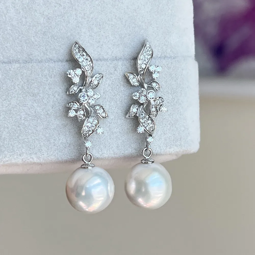 

Natural Japanese round white pearl earrings AAAA10-11mm beautiful floral earrings 925S