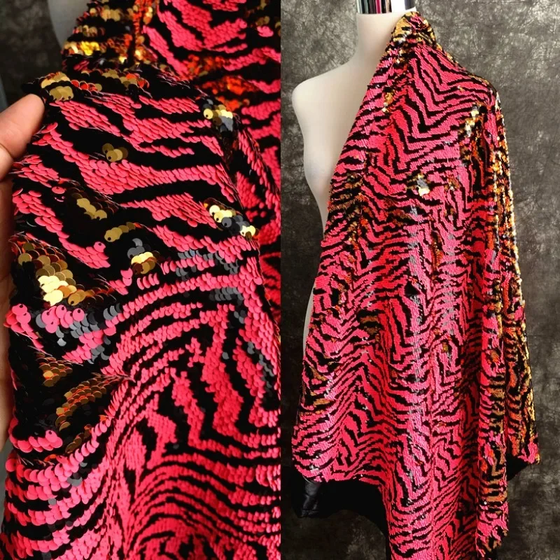 Tiger Pattern Sequin Fabric Fashionable Pink Shiny Dress Luggage Designer Wholesale Cloth Apparel Sewing Meters Material