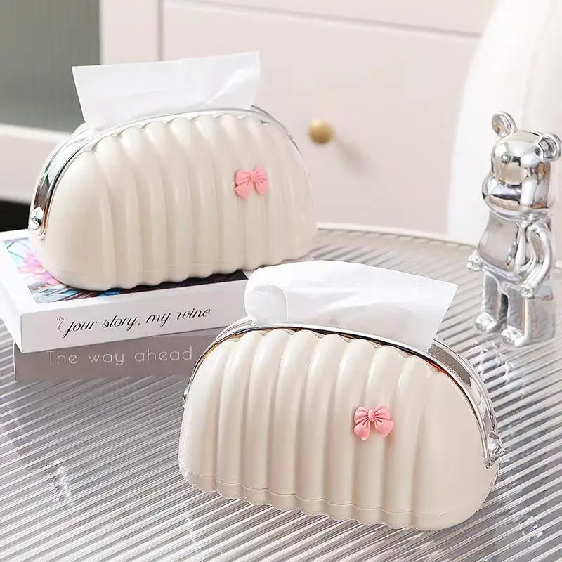 1Pcs Cream Shell Shaped Tissue Box With Cute Pink Bow Decor Textured Surface