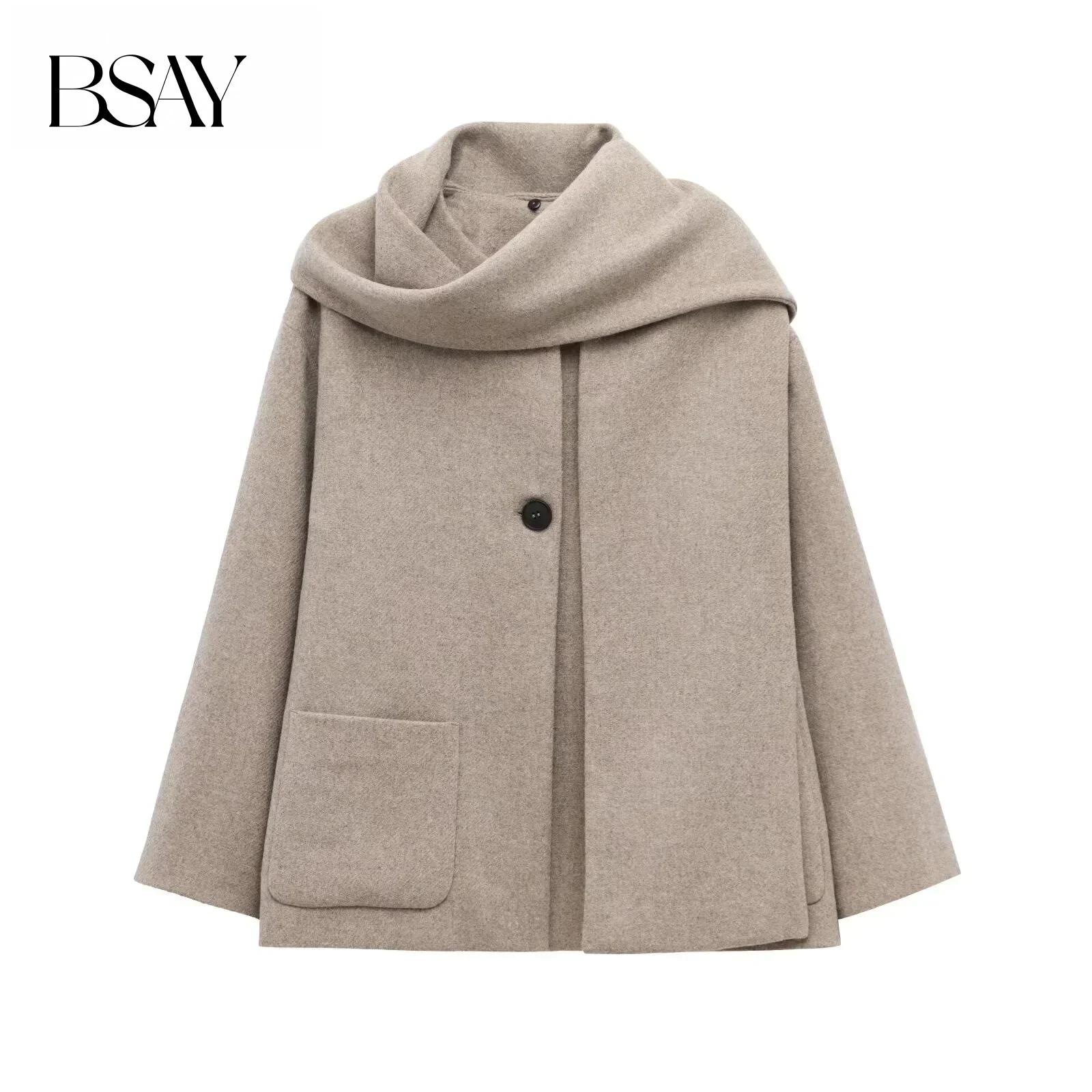 BSAY ブレンドコート レディース ファッション 秋冬新作 スカーフ付き ラウンドネック 長袖 シングルボタンコート シック レディース トップス 女性用
