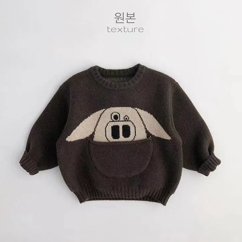 Children\'s Pocket Cartoon Autumn Winter Korean Edition Sweater For Boys And Girls Clothing Baby Pullover Knitted Bottom Sweater