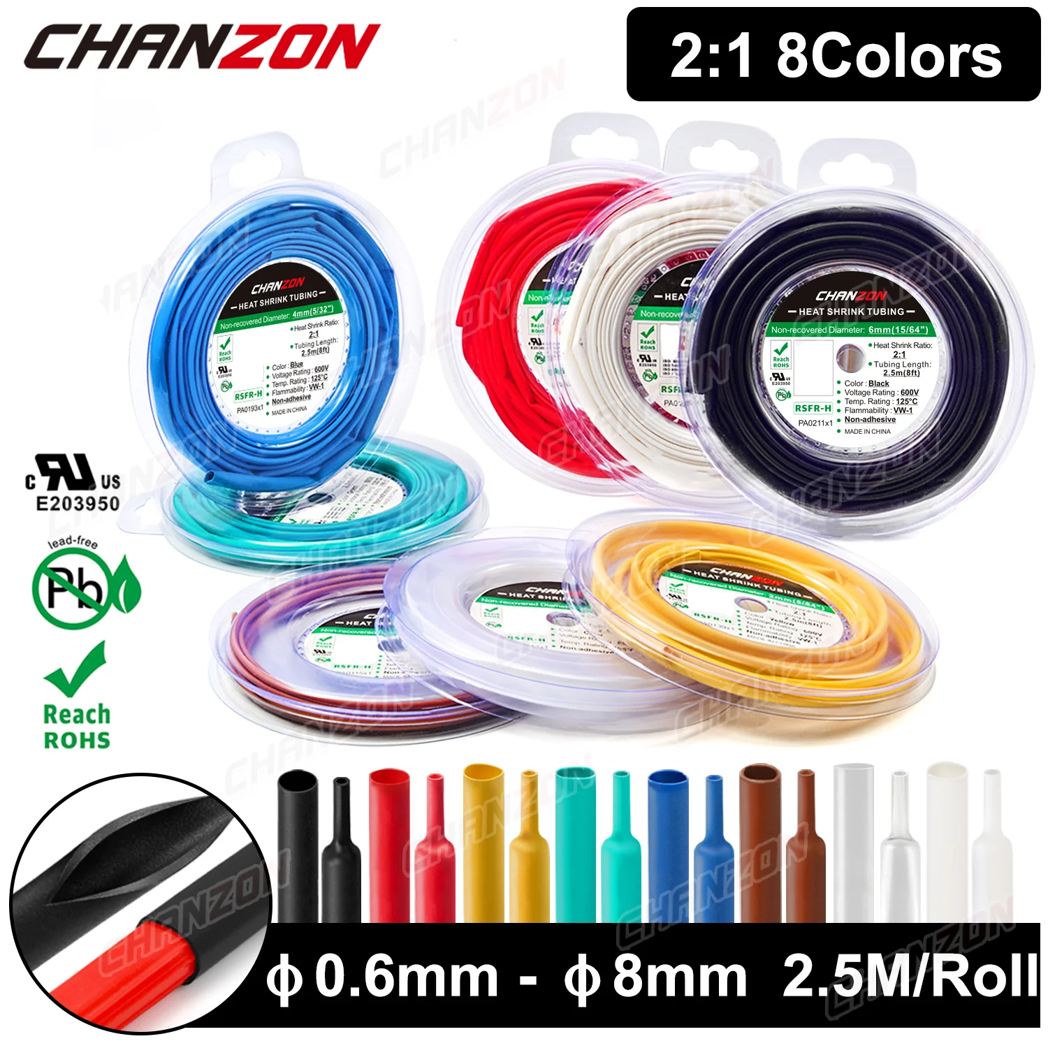 8 Colors 2:1 0.6 - 8mm Heat Shrink Tube Polyolefin Hose Wrap Tubing 1mm 3mm 2mm 6mm Black Cable Sleeve Wire Protector 2.5M/Roll