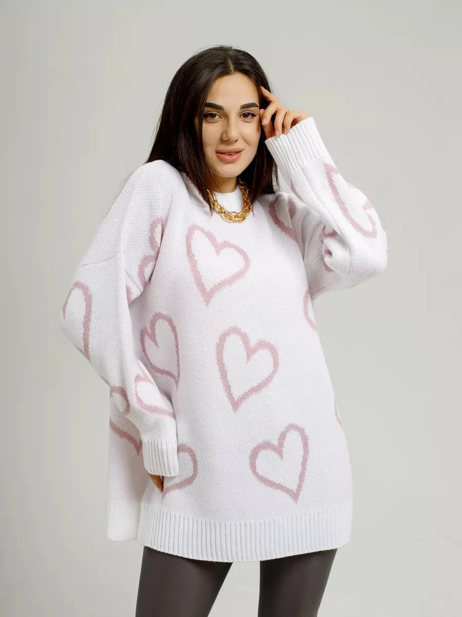 Nieuwe Herfst Winter Vrouwen Love Hart Print Gebreide Trui Dames Ronde Kraag Lange Mouw Losse Pullover S835