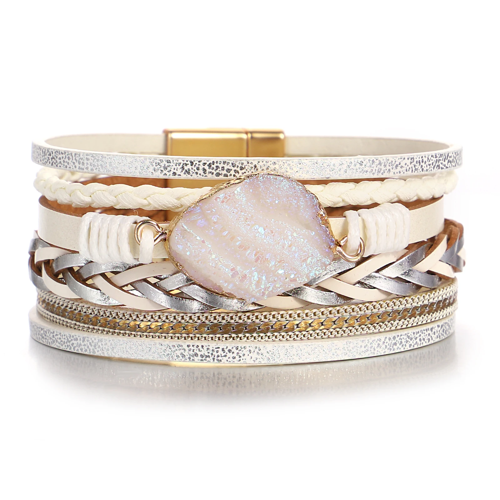 

Amorcome Bohemian Irregular Artificial Stone Woven Leather Bracelet Women Multilayer Stackable Winding Bangle Daily Wear Jewelry