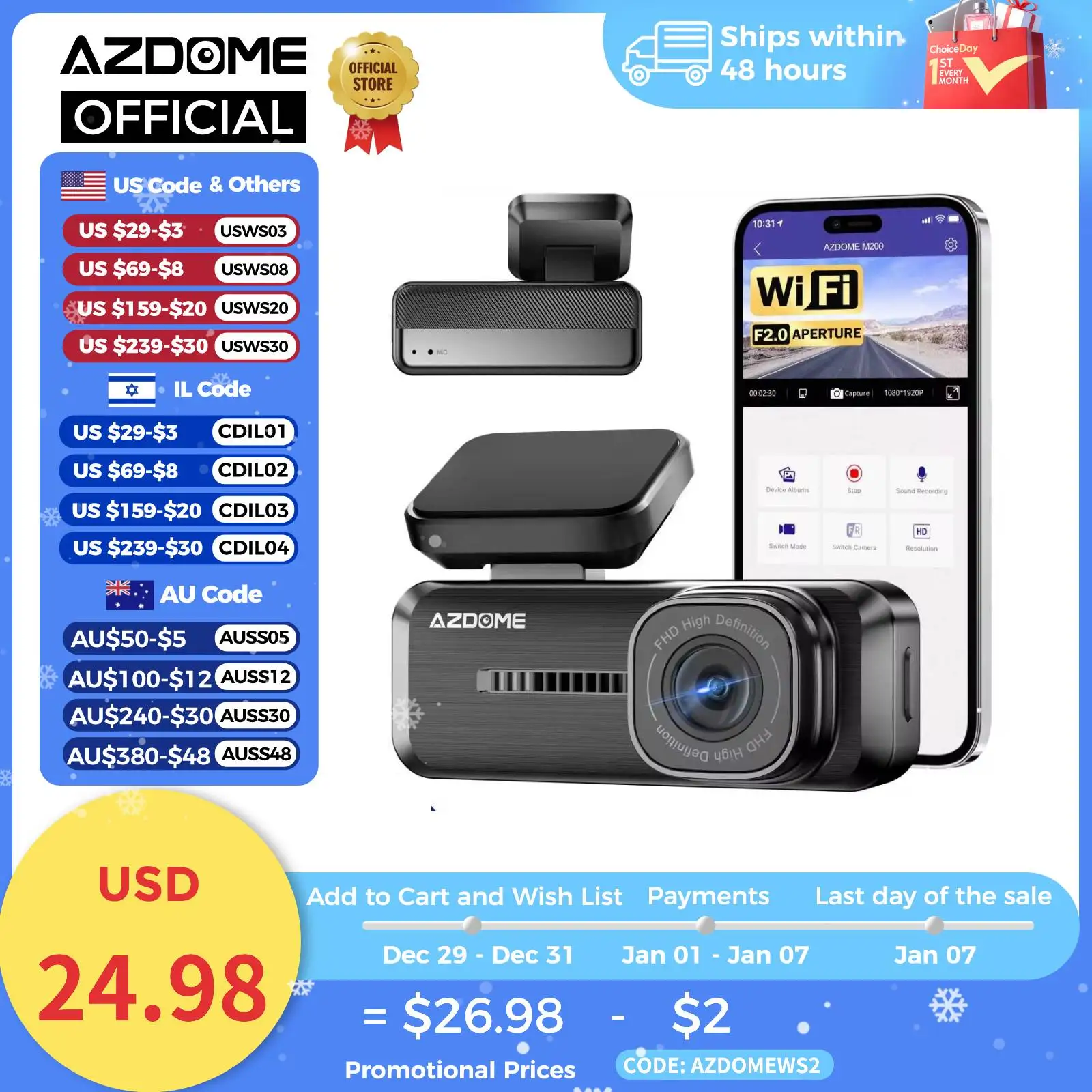 AZDOME Dash Cam M200 1080P FHD Wifi Car Camera English Voice Control Car DVR Night Vision G-Sensor 24H Parking Monitor