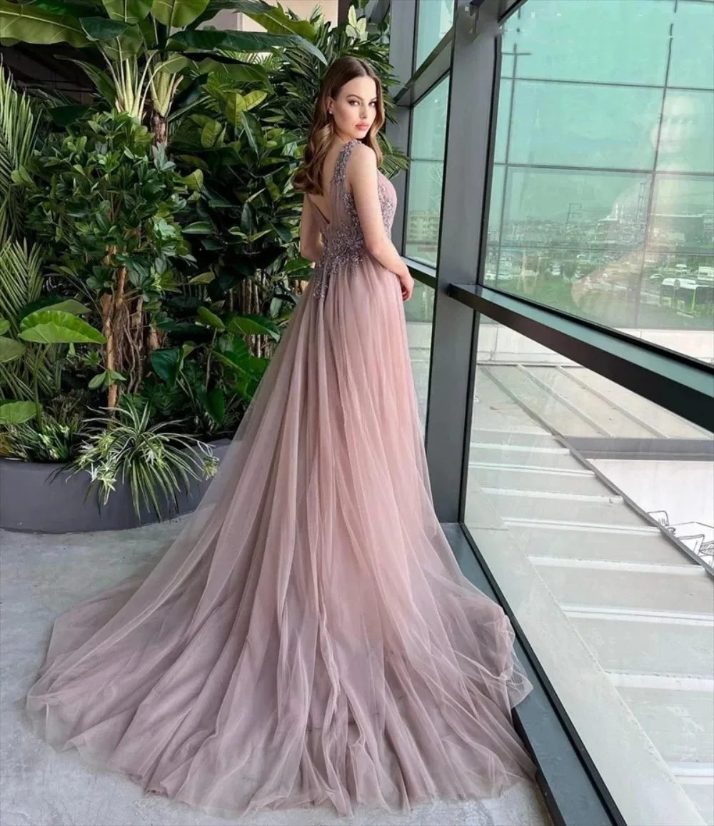 Flora Dress Pink Tulle A-Line Evening Gown Floor Length V Neck Spaghetti Strap Formal Long Cocktail Occasion Party Prom Gown