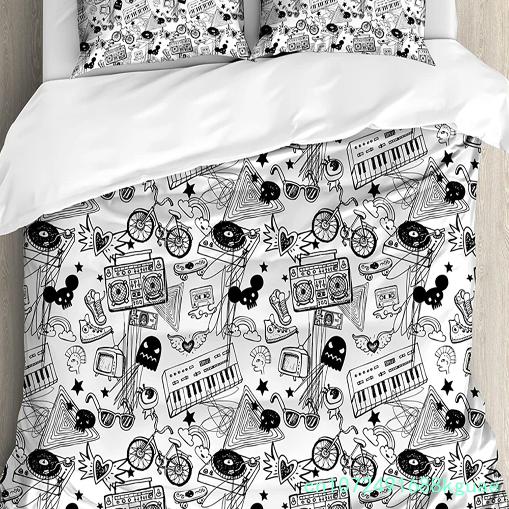 Black And White Bedding Set Comforter Duvet Cover Pillow Shams Punk Teenage Pattern Cassette Keyboa Bedding Cover Double Bed Set