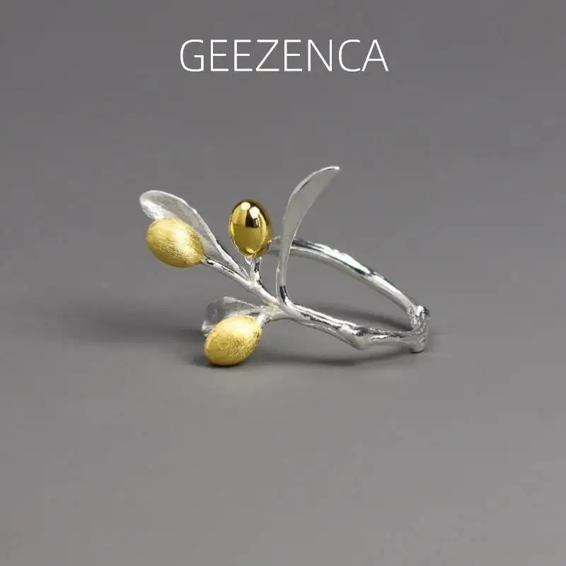

GEEZENCA 925 пробы Серебряное двухцветное кольцо с изменяемым размером в виде оливковой ветки для женщин оригинальный дизайн шикарные милые уникальные кольца 2023 новый подарок