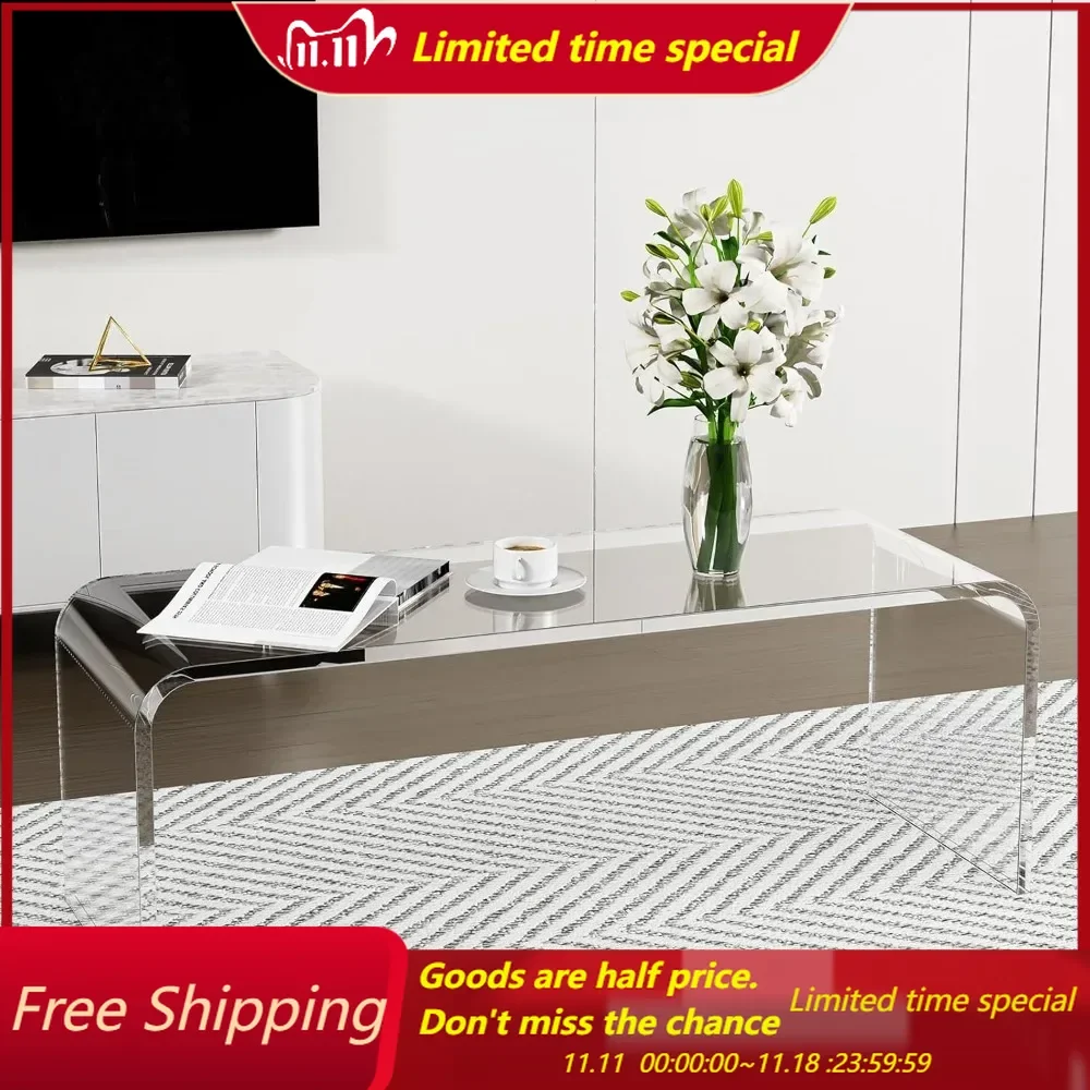 

Coffee Table, 44" L x 16" W x 16'' H x 3/4'' Thick Clear Tea Table, Multipurpose Waterfall Rectangle Lucite Table