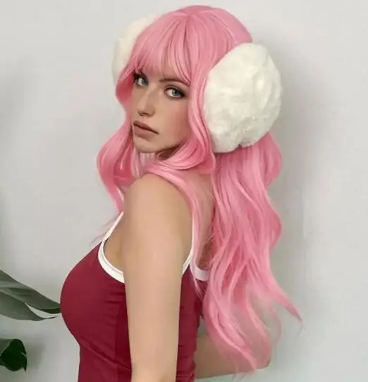 Roze Lange Krullende Synthetische Pruik Met Lucht Pony Voor Witte Vrouwen Dagelijks Cosplay Lolita Pruik Natuurlijke Hoge Temperatuur Zijde Pruik