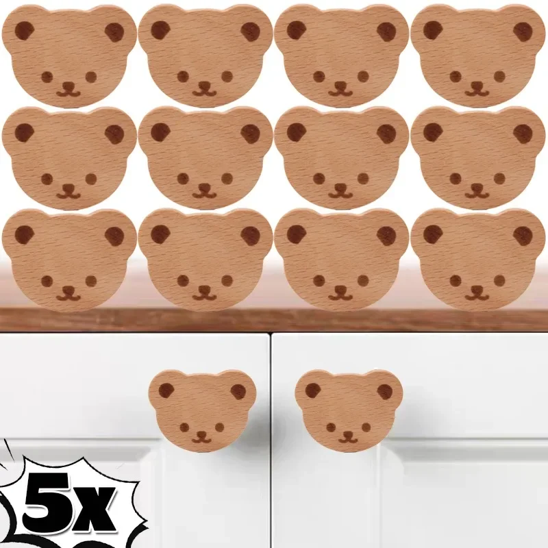 1/5Sets Wooden Door Handle with Screws Children\'s Room Cartoon Wood Furniture Handles Kitchen Cupboard Wardrobe Drawers Knobs