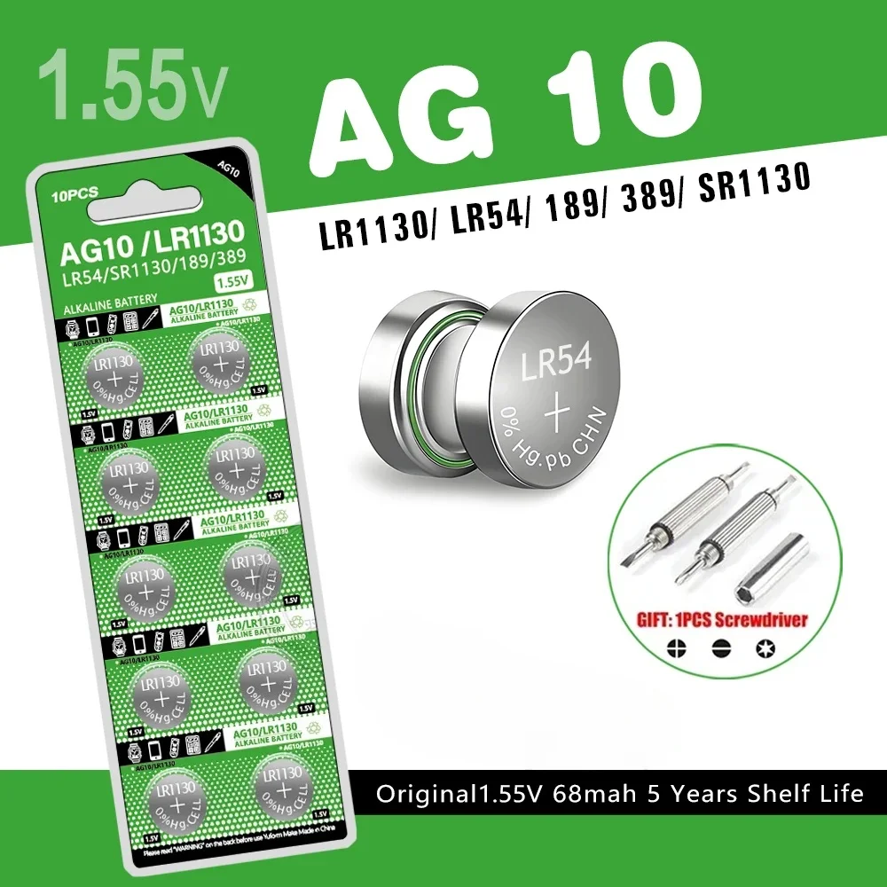 

AG10 LR1130 Toy Gift LR54 Watch Electronics 1.55V Zinc-manganese Battery Button Batteries G10A SR1130SW Cell Coin Watch Toy