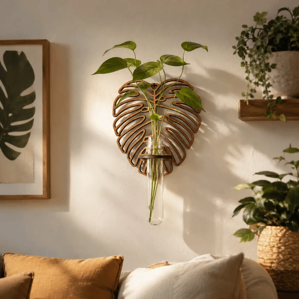 Wooden Hydroponic Plant Holder Home Ornaments Vase Wall Mounted Planter Hollow Out Geometric Wall Decoration Indoor Plants