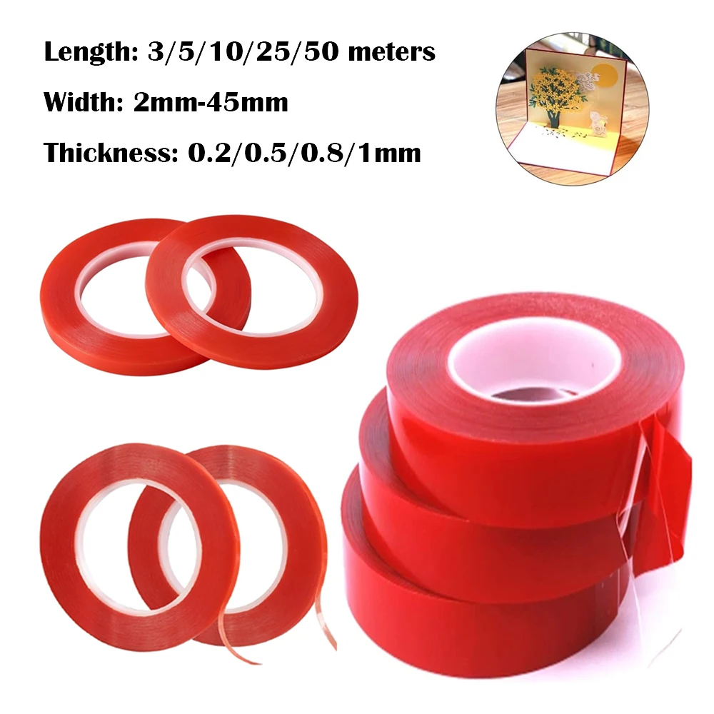 1 Stück rotes transparentes doppelseitiges Klebeband, verschiedene Größen 3/5/8/10/12/15/20–35 mm, kein Rückstände, Klebstoff für LED-Streifen, Auto, Tablet fixiert